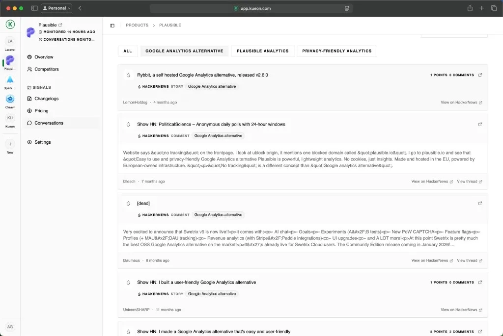 Conversation monitoring across Hacker News and Reddit - Kueon