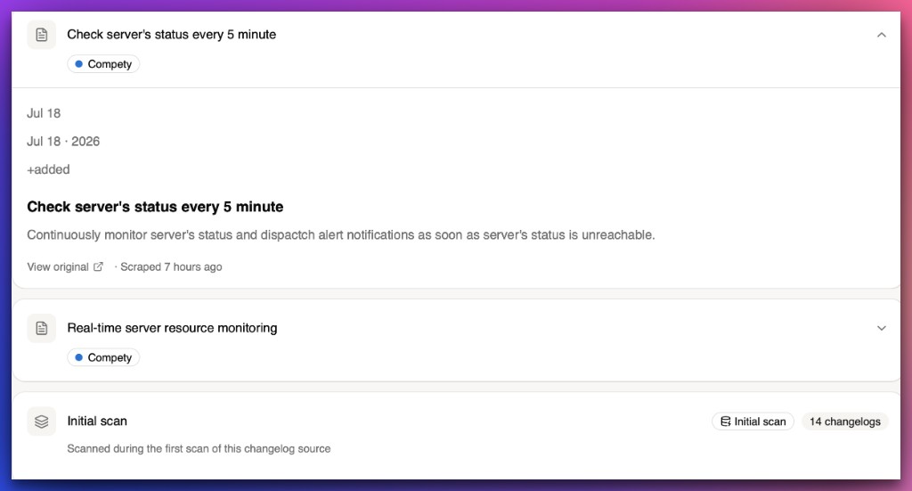 Kueon changelog monitoring showing a competitor update from Compety